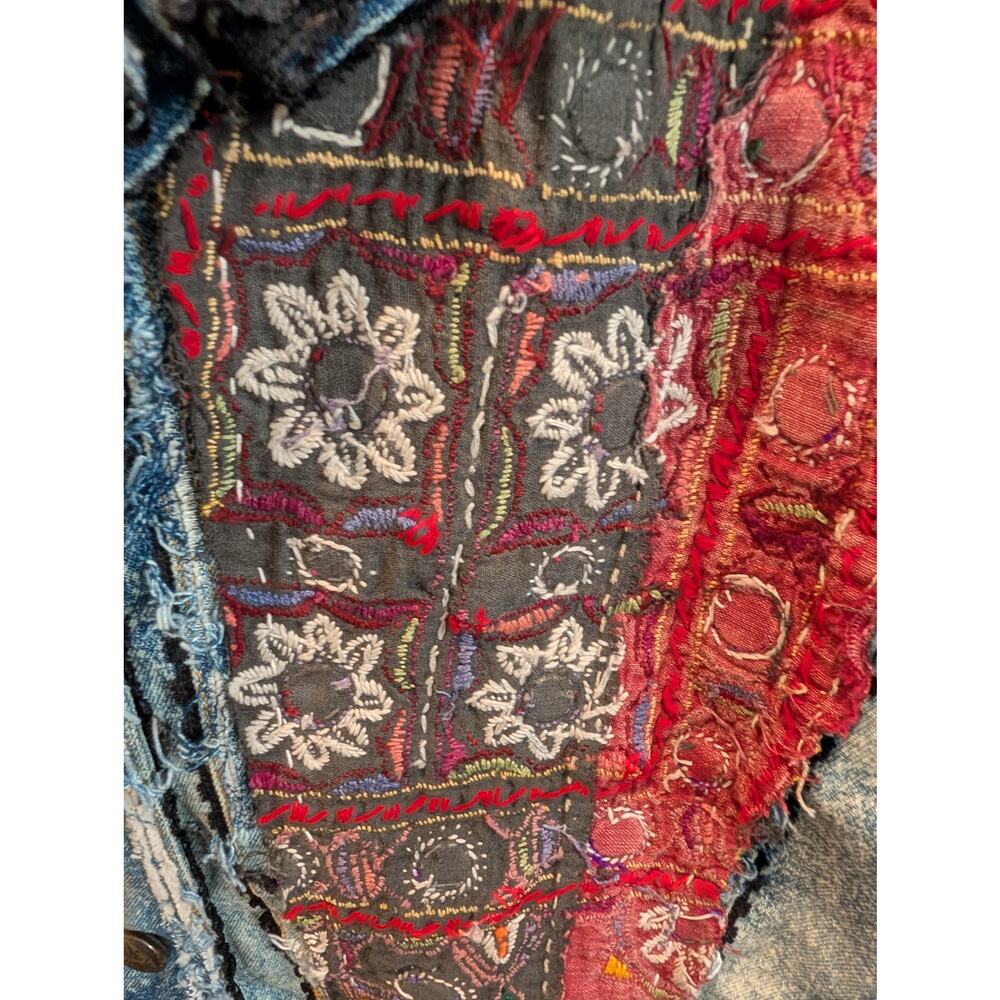 LoLo Kauai OOAK Upcycled Denim Jacket L XL Patchwork Embroidered Boho Artwear - Picture 2 of 3